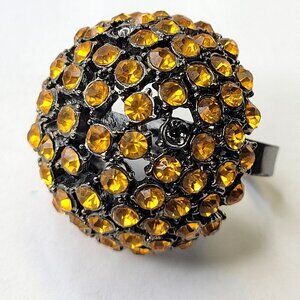 Yellow Crystal Dome Ring, Gold Rhinestone Ring, Adjustable Yellow Dome Ring